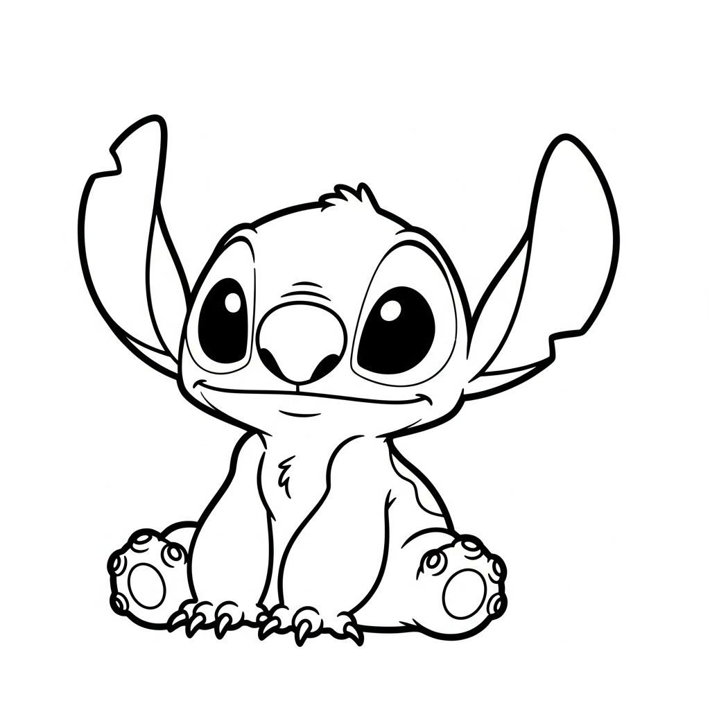 Coloriage Stitch gratuit à imprimer : Stitch assis qui sourit de tout son coeur