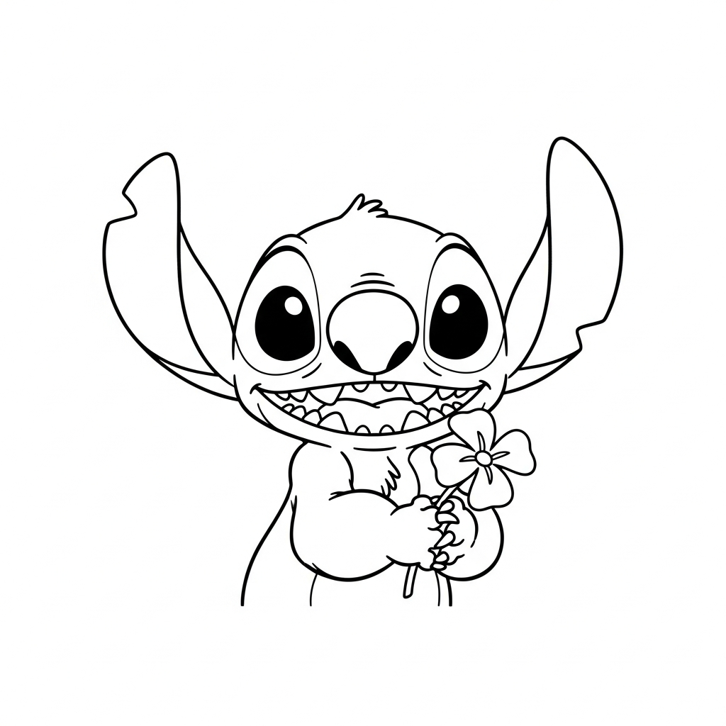 Coloriage Stitch gratuit à imprimer : Stitch et la fleur qu il a cueillie
