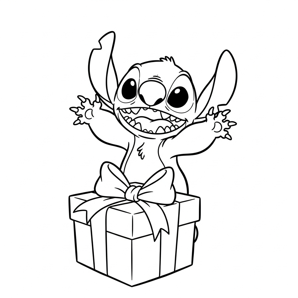 Coloriage Stitch gratuit à imprimer : Stitch tout excite devant son cadeau