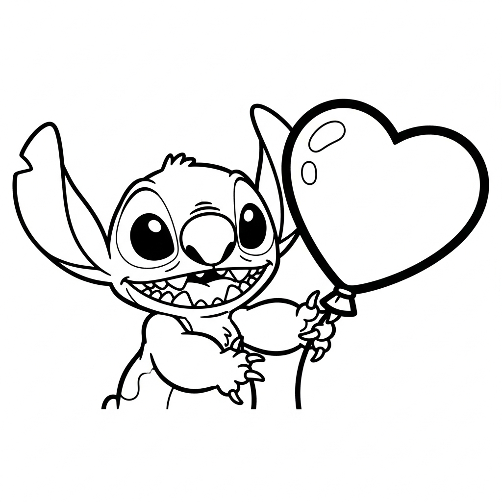 Coloriage Stitch gratuit à imprimer : Stitch tient un ballon en forme de coeur