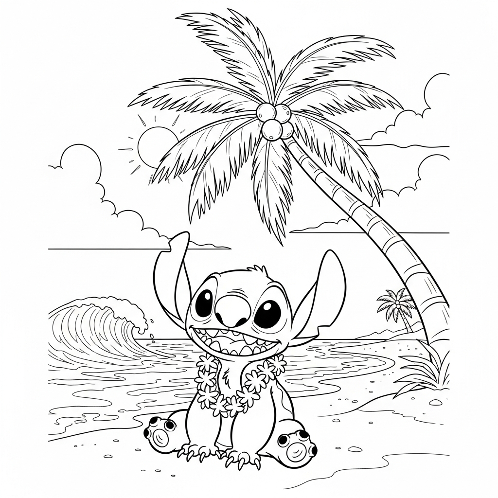Coloriage Stitch gratuit à imprimer : Stitch se relaxe sur la plage d Hawaii