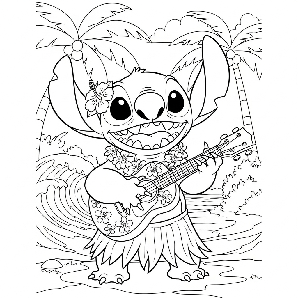 Coloriage Stitch gratuit à imprimer : Stitch joue de l ukulele sous le soleil