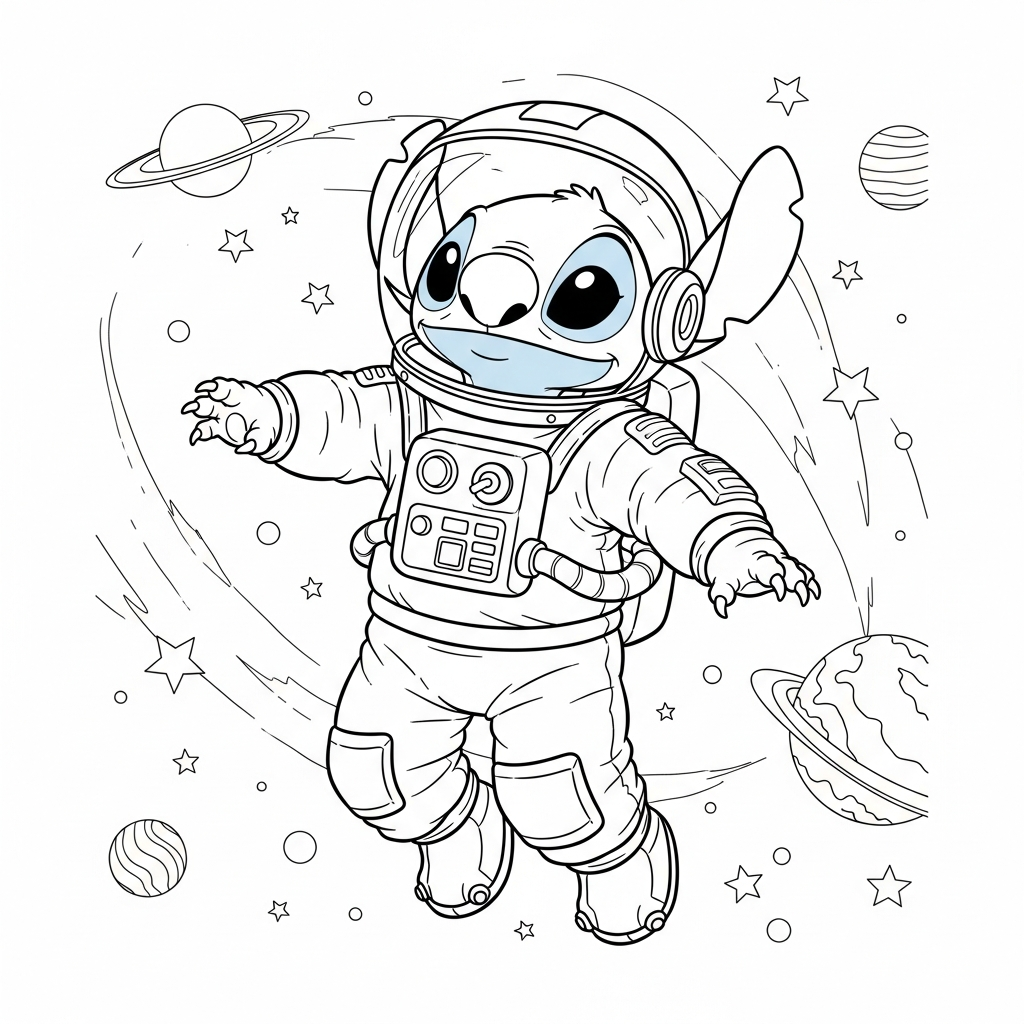 Coloriage Stitch gratuit à imprimer : Stitch l astronaute explore l espace