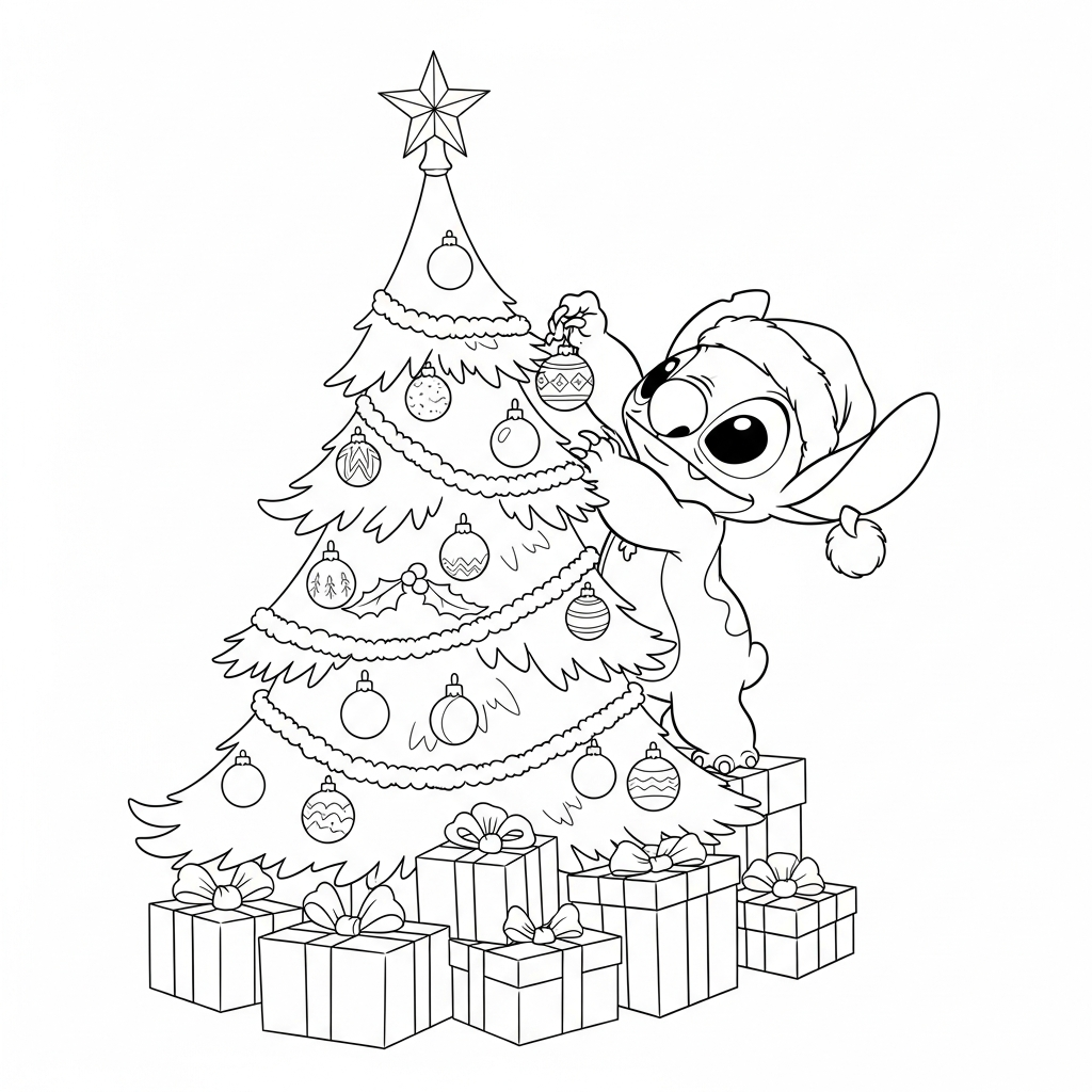 Coloriage Stitch gratuit à imprimer : Stitch decore le sapin de Noel