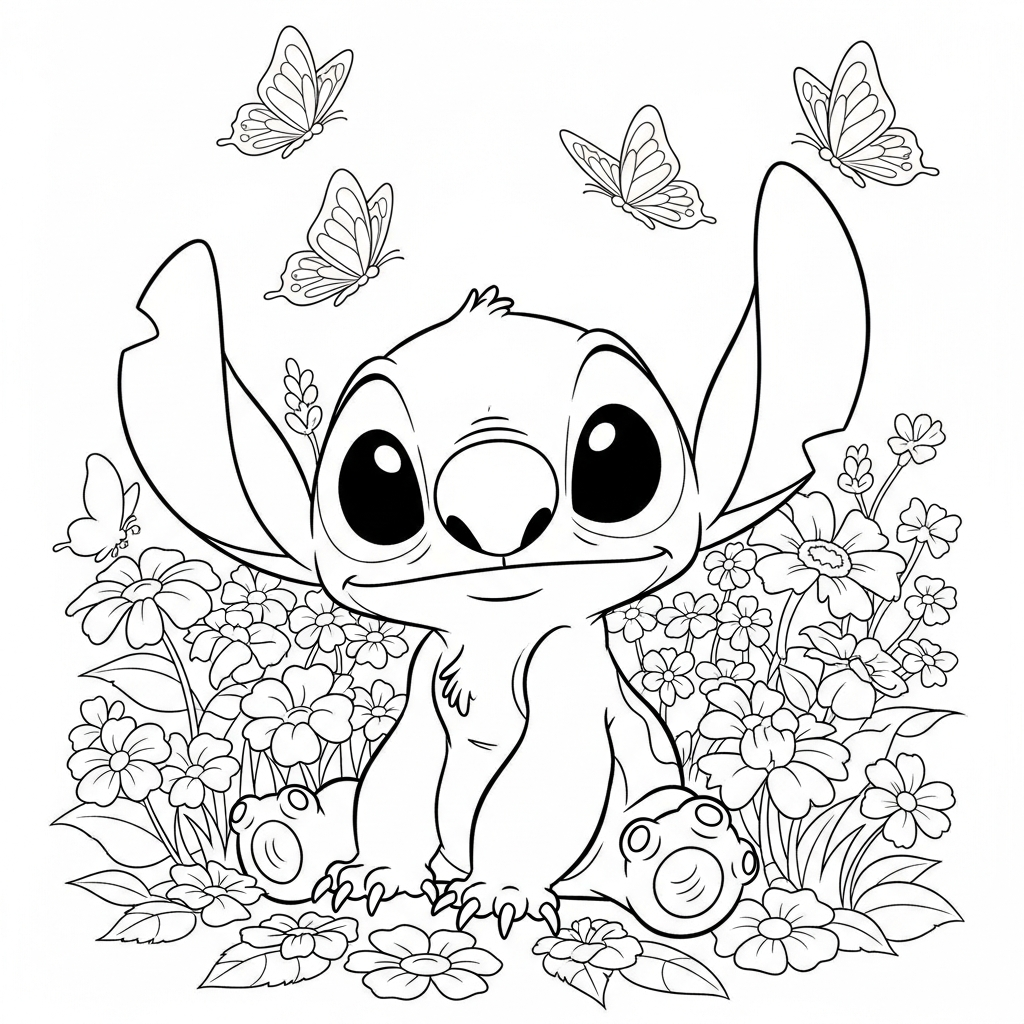 Coloriage Stitch gratuit à imprimer : Stitch dans un jardin fleuri avec des papillons