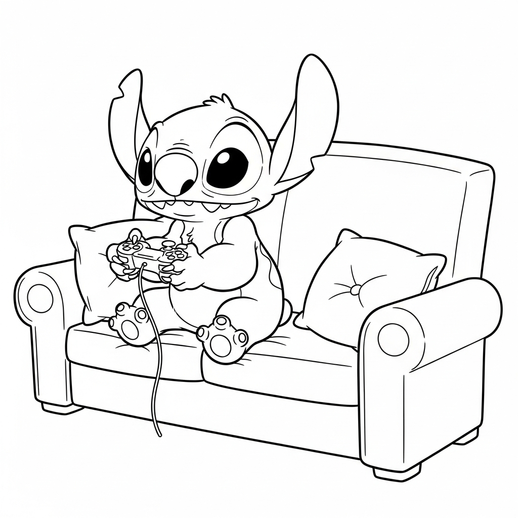 Coloriage Stitch gratuit à imprimer : Stitch joue aux jeux video sur le canape