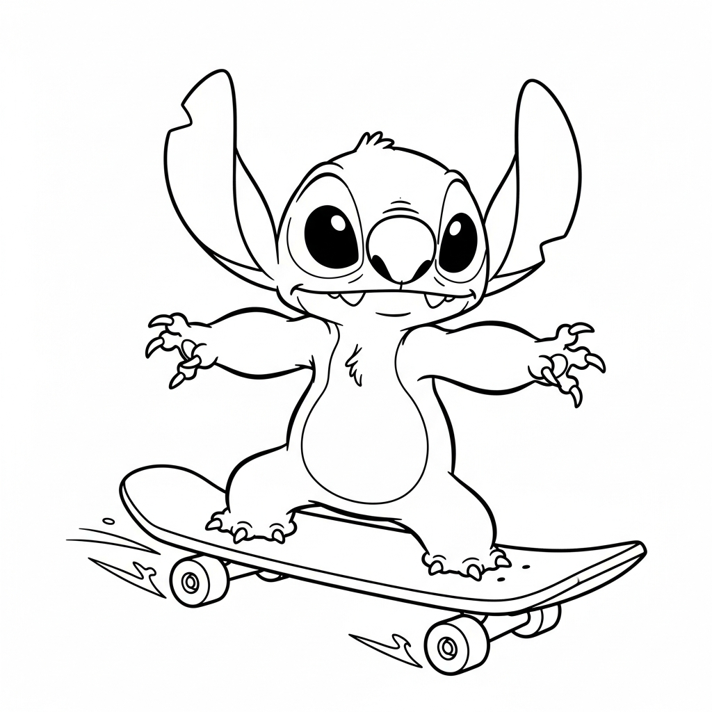 Coloriage Stitch gratuit à imprimer : Stitch fait des figures en skateboard