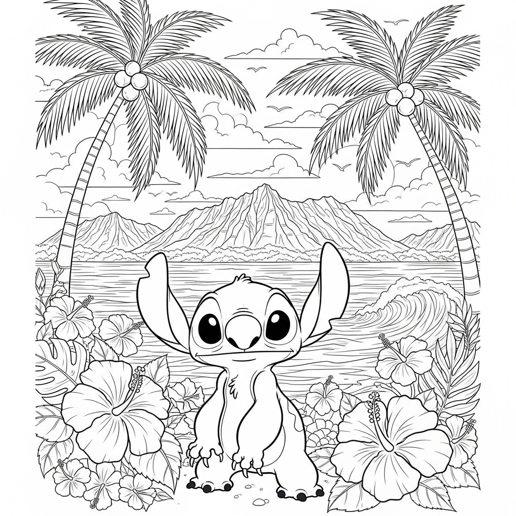 Coloriage Stitch gratuit à imprimer : Stitch au milieu des fleurs tropicales d Hawaii