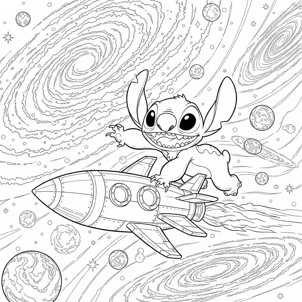 Coloriage Stitch gratuit à imprimer : Stitch sur une fusee dans la galaxie