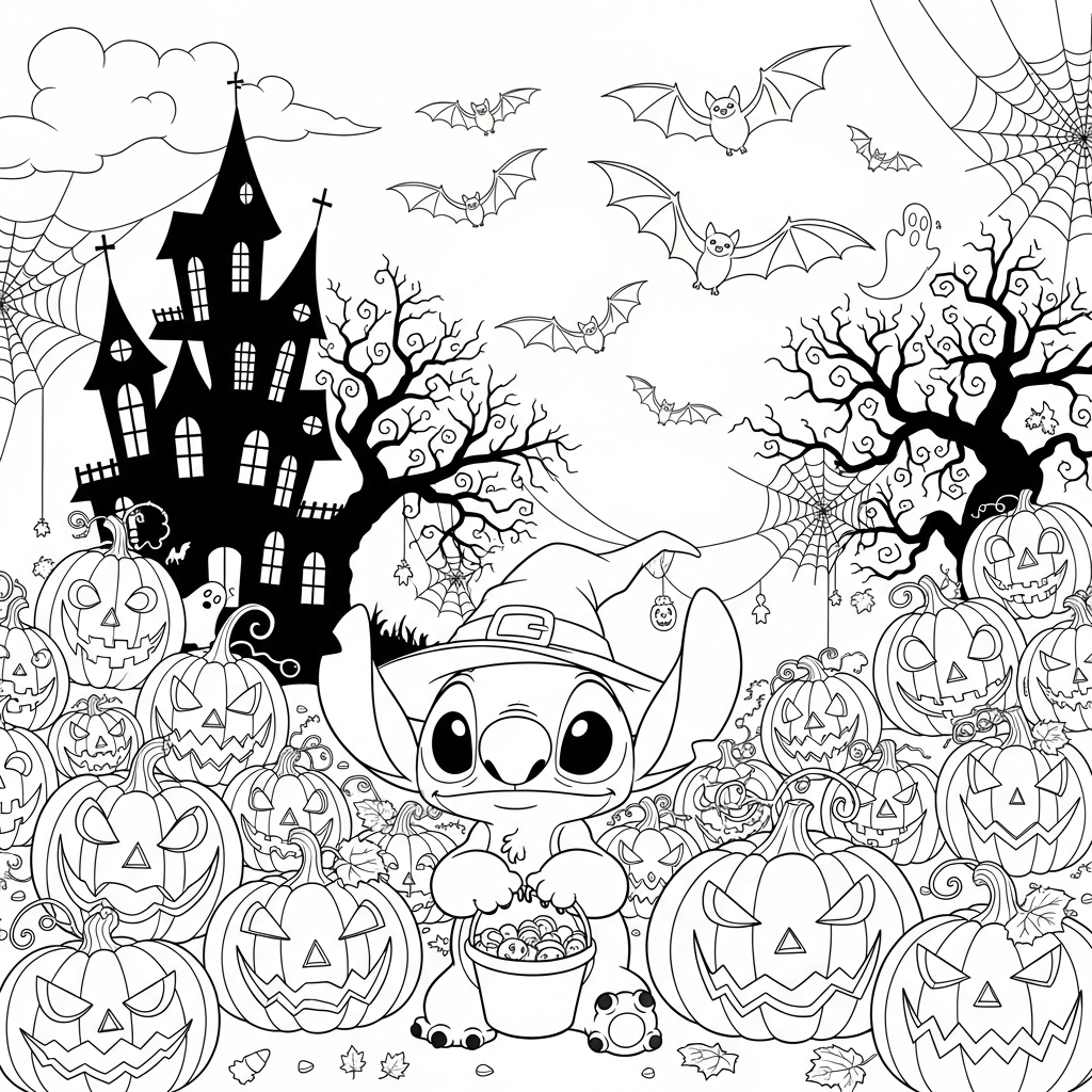 Coloriage Stitch gratuit à imprimer : Stitch fete Halloween avec des citrouilles