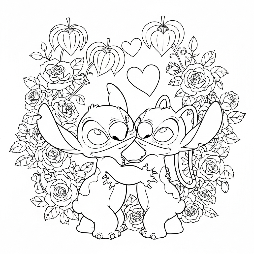 Coloriage Stitch gratuit à imprimer : Stitch et Angel entoures de roses