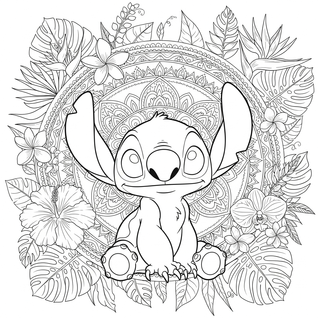 Coloriage Stitch gratuit à imprimer : Stitch au centre d un mandala zen fleuri