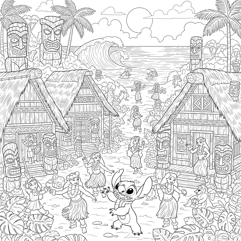 Coloriage Stitch gratuit à imprimer : Stitch danse avec les filles hula d Hawaii