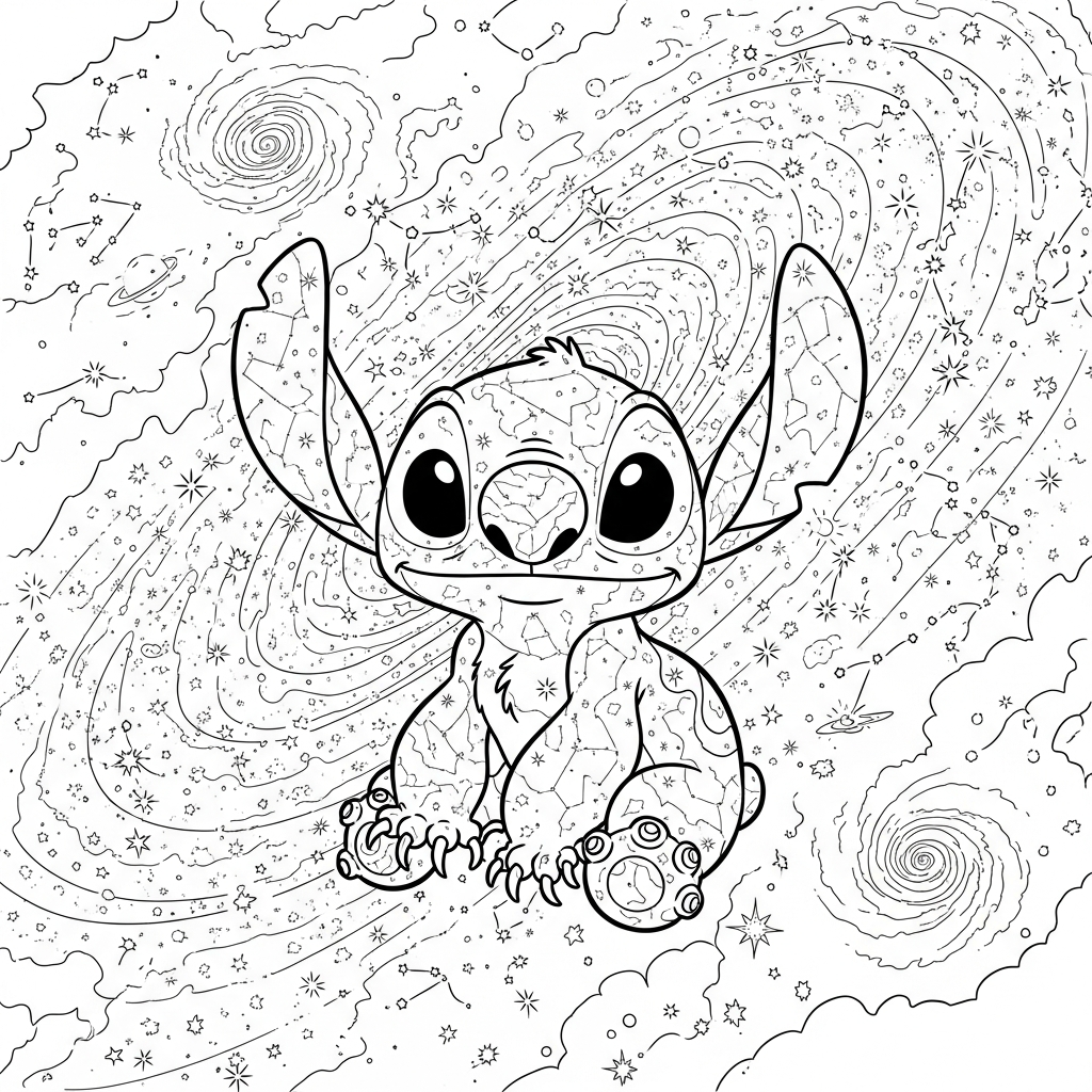 Coloriage Stitch gratuit à imprimer : Stitch contemple les constellations de l espace