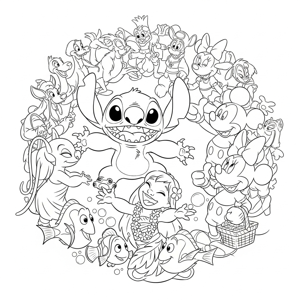 Coloriage Stitch gratuit à imprimer : Stitch et les personnages Disney reunis
