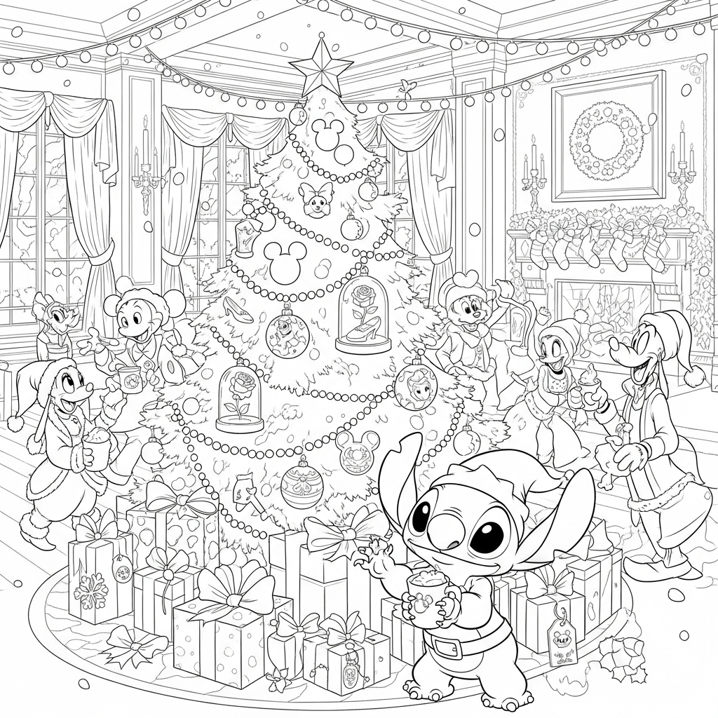 Coloriage Stitch gratuit à imprimer : Stitch entoure de decorations de Noel