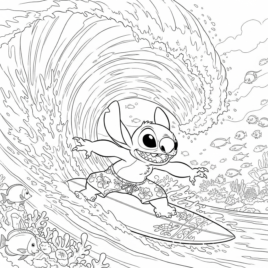Coloriage Stitch gratuit à imprimer : Stitch surfe les vagues d Hawaii