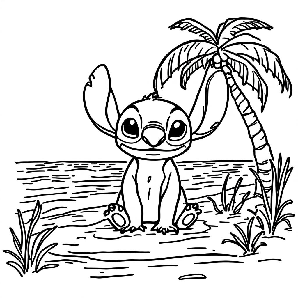 Coloriage Stitch gratuit à imprimer : Stitch tout mignon avec des fleurs
