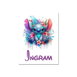 Tableau Stitch assis fleuri pour Chambre d’Enfant