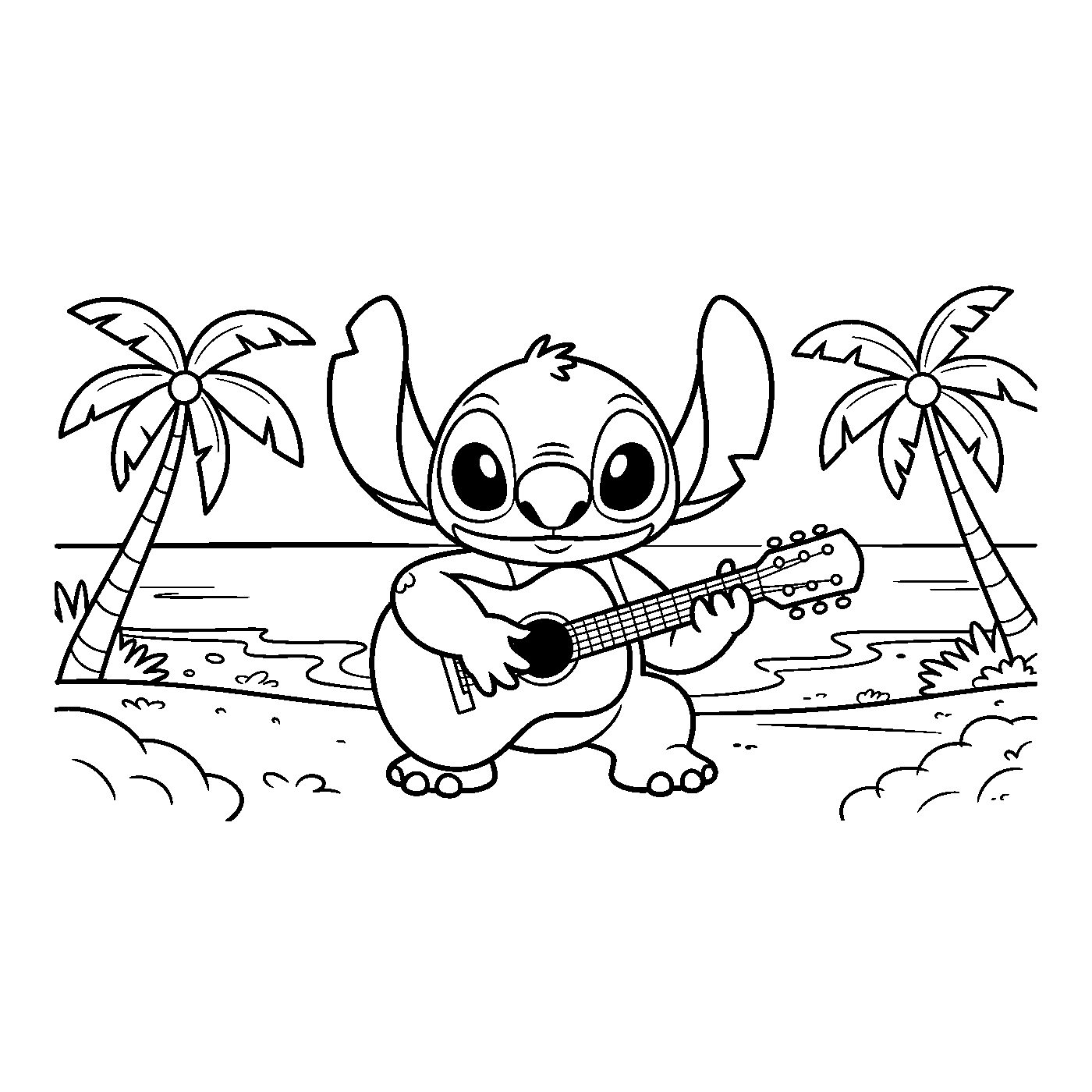 Coloriage Stitch gratuit à imprimer : Stitch sur la plage hawaïenne