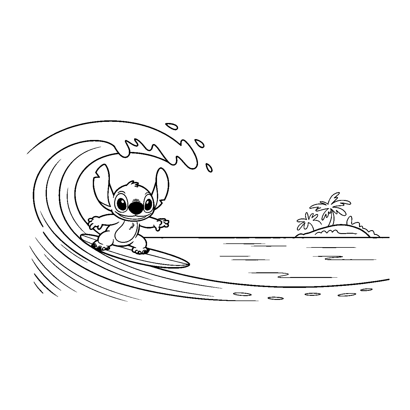 Coloriage Stitch gratuit à imprimer : Stitch avec une planche de surf